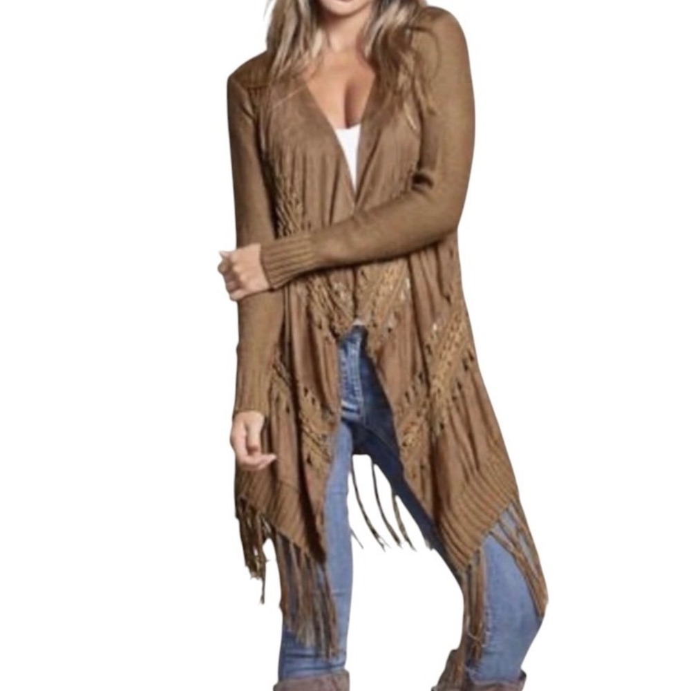 Womens Faux Suede Fringe Cardigan Sweater Large Open Front Boho Cowgirl Festival